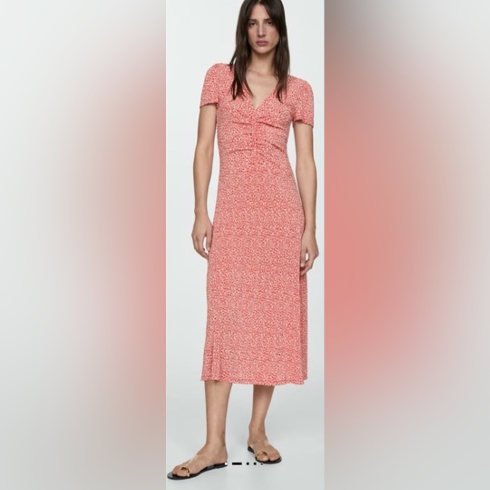 Mango Red Floral Midi Dress with Short Sleeves
